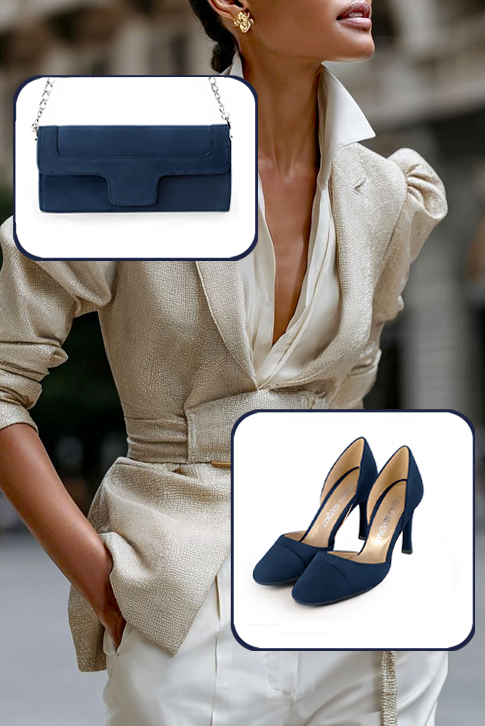 Dress pumps open arch in navy blue leather with high slim heels and round toe - Worn view